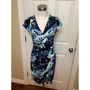 Joseph Ribkoff Blue White Tie Dye Wrap V-Neck Mini Dress, Size 8